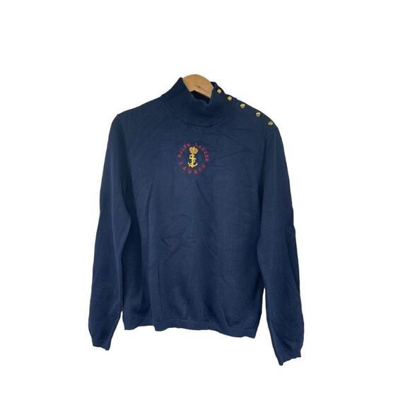 Ralph Lauren Sweaters - Vintage Lauren Ralph Lauren Navy Blue Nautical High Neck Anchor Sweater Large